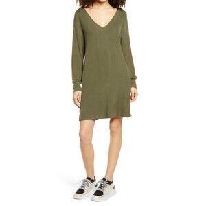 Socialite Double-V Long Sleeve Knit Dress Dark Olive Size M $59